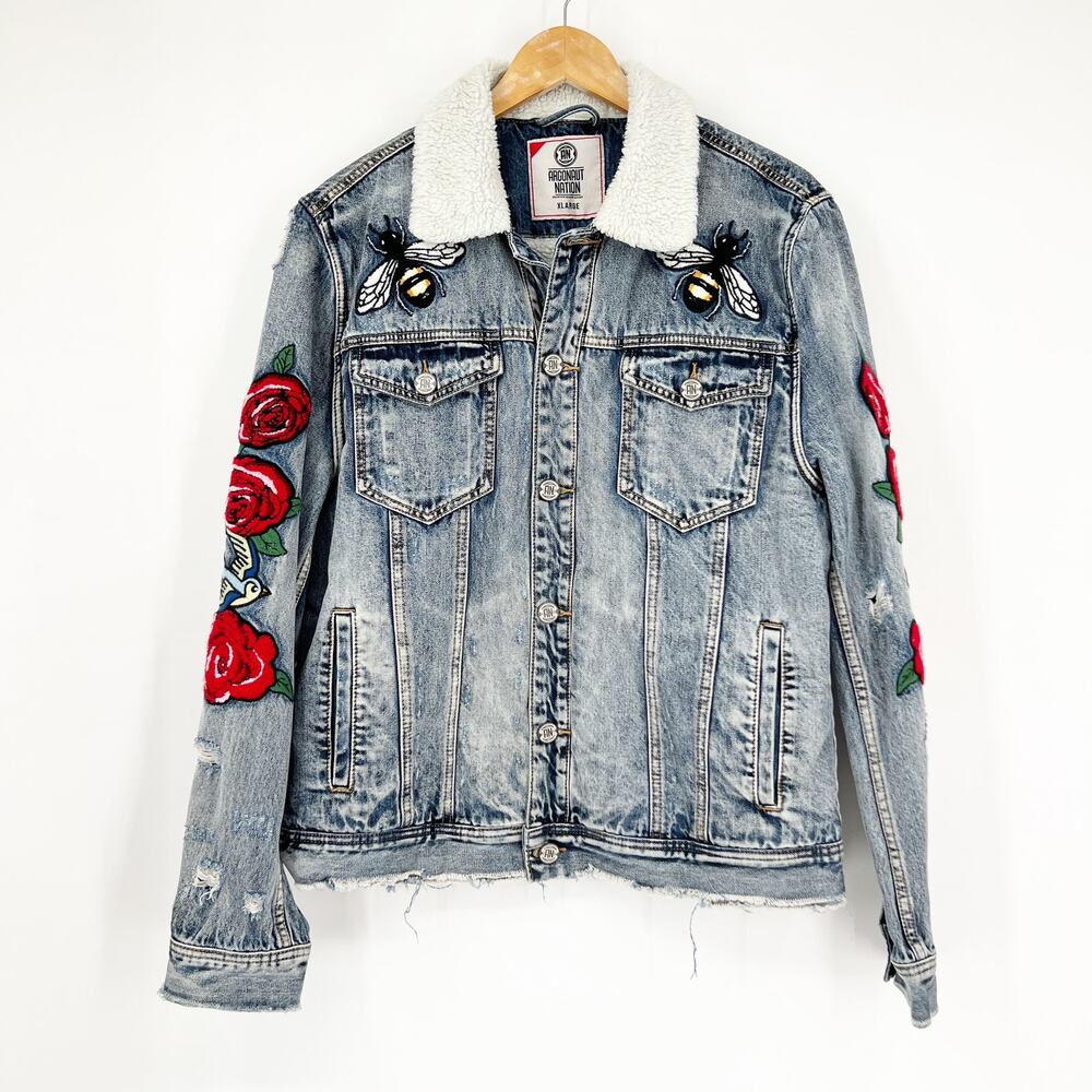 Argonaut Nation Embroidered Tiger Patch Retro Trucker Denim Jacket XL